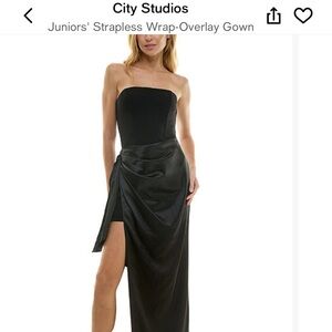 NWT City Studios Black Strapless Ruched Slit Gown Prom